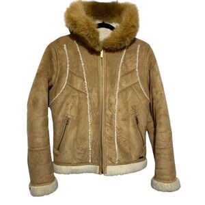 Vtg l.e.i. Jacket Womens Large Tan Faux Suede Sherpa Lined Hooded Faux Fur Trim